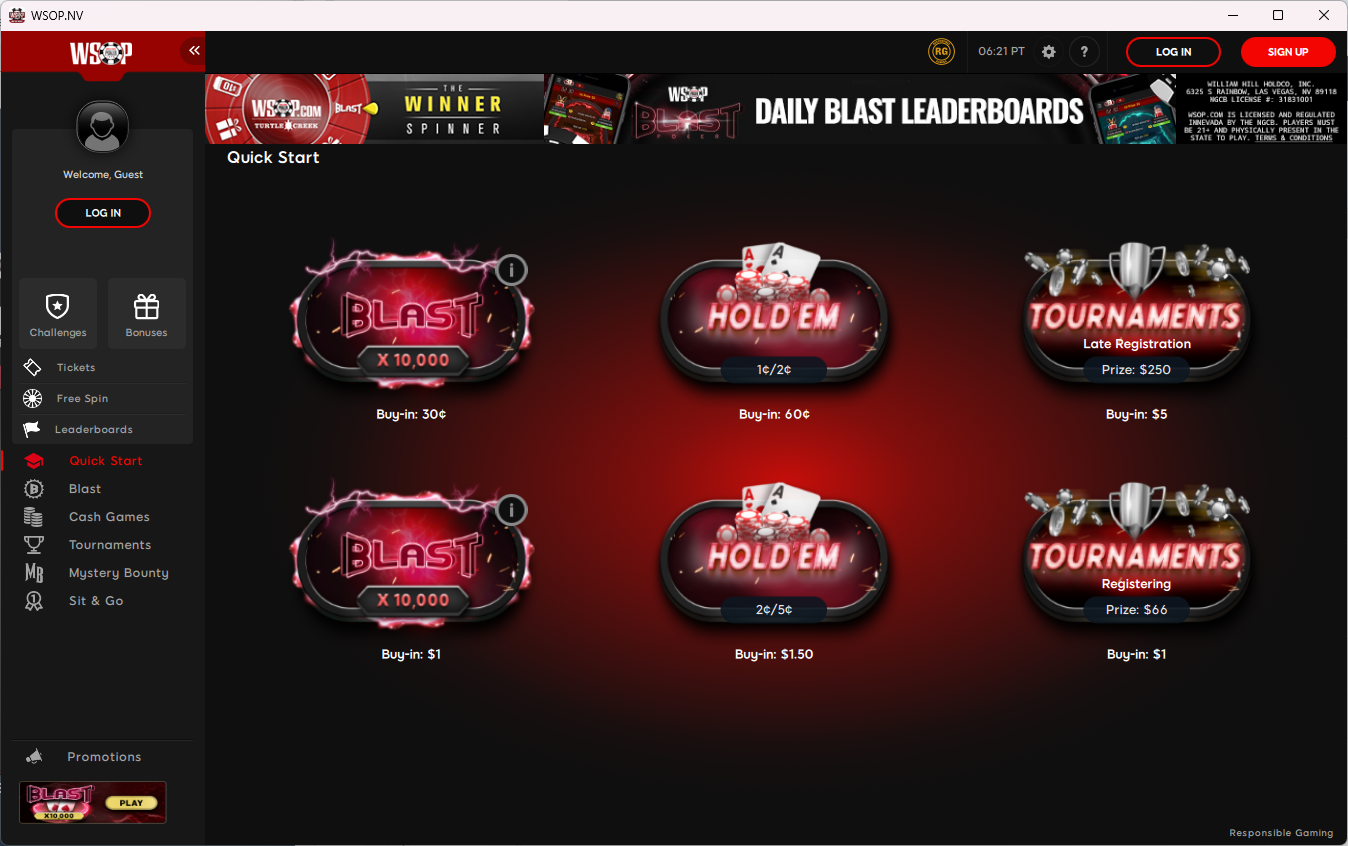 Quick Start options on WSOP NV